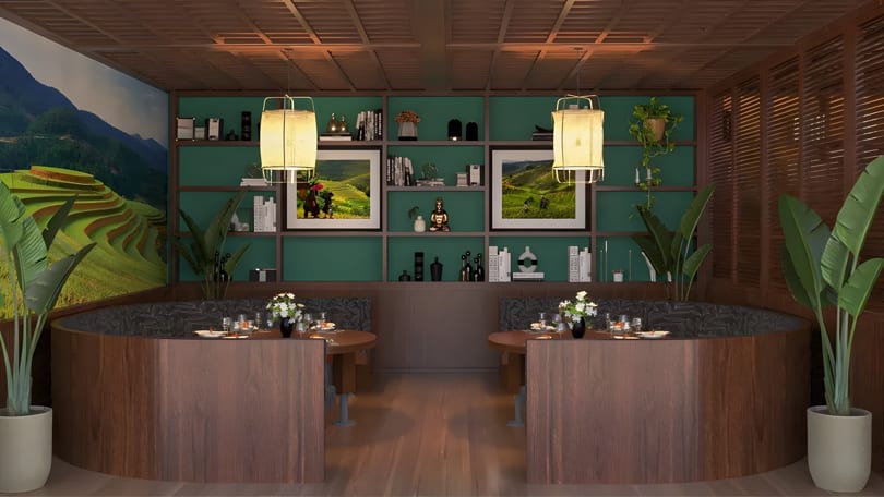 Restaurant interior with two circular booths, wooden tables, green shelving, and rice paddy murals.