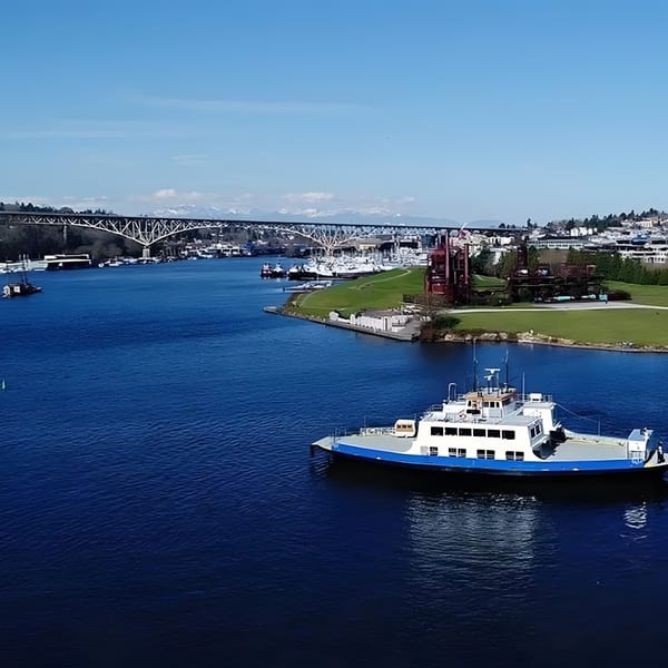 A ferry boat on a river with a bridge, city, and mountains in the background.