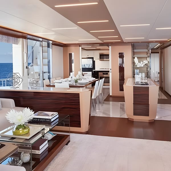 Luxurious yacht interior with a living area, dining table, and ocean views through large windows.